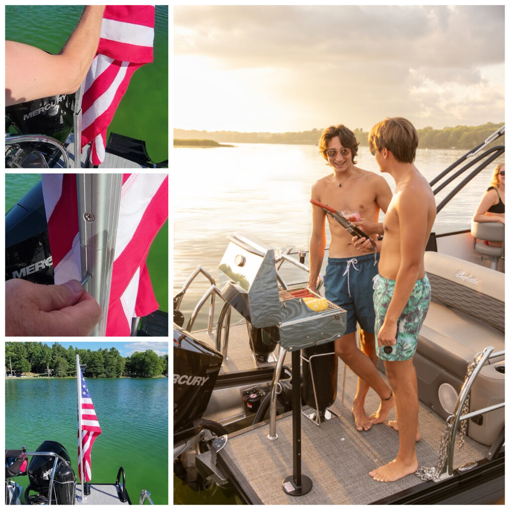 LilliPad Marine Ghost Mount System with accessories like the Flagpole and Pedestal Grill Mount for versatile pontoon upgrades.