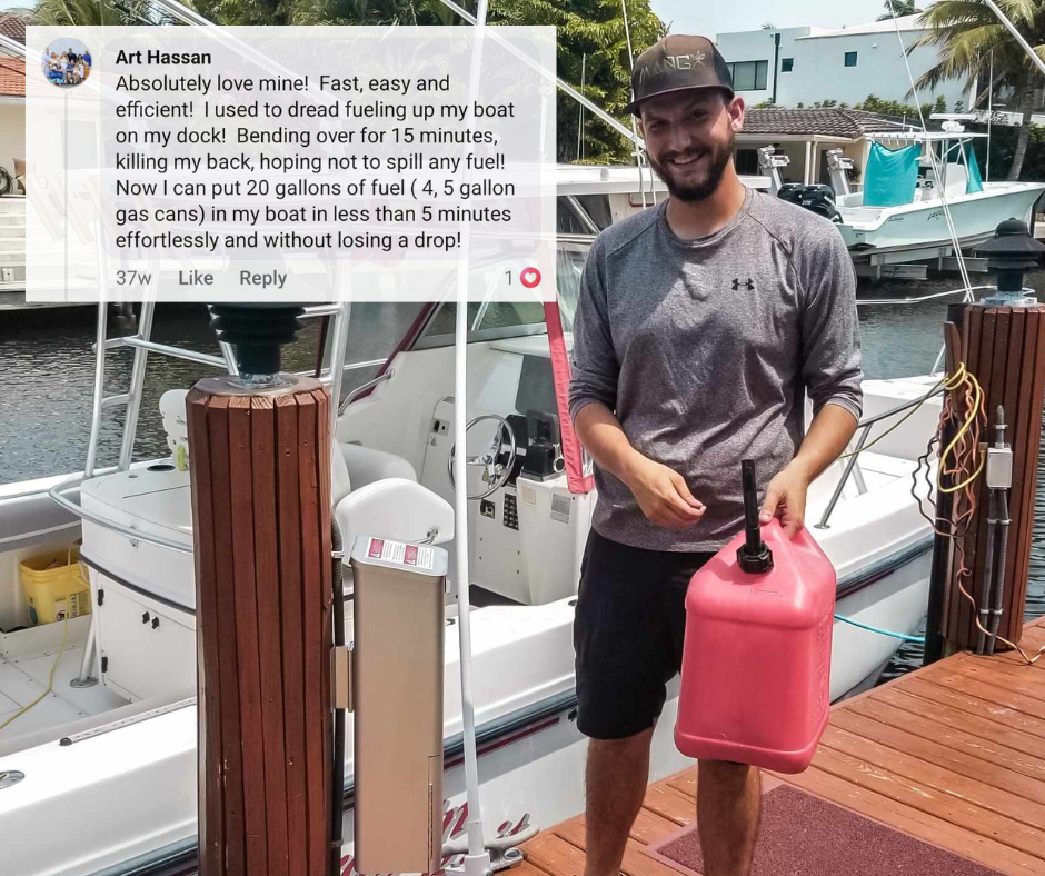 Customer review with image of boat fuel funnel (LilliPad Marine Funnel) with customer on dock.