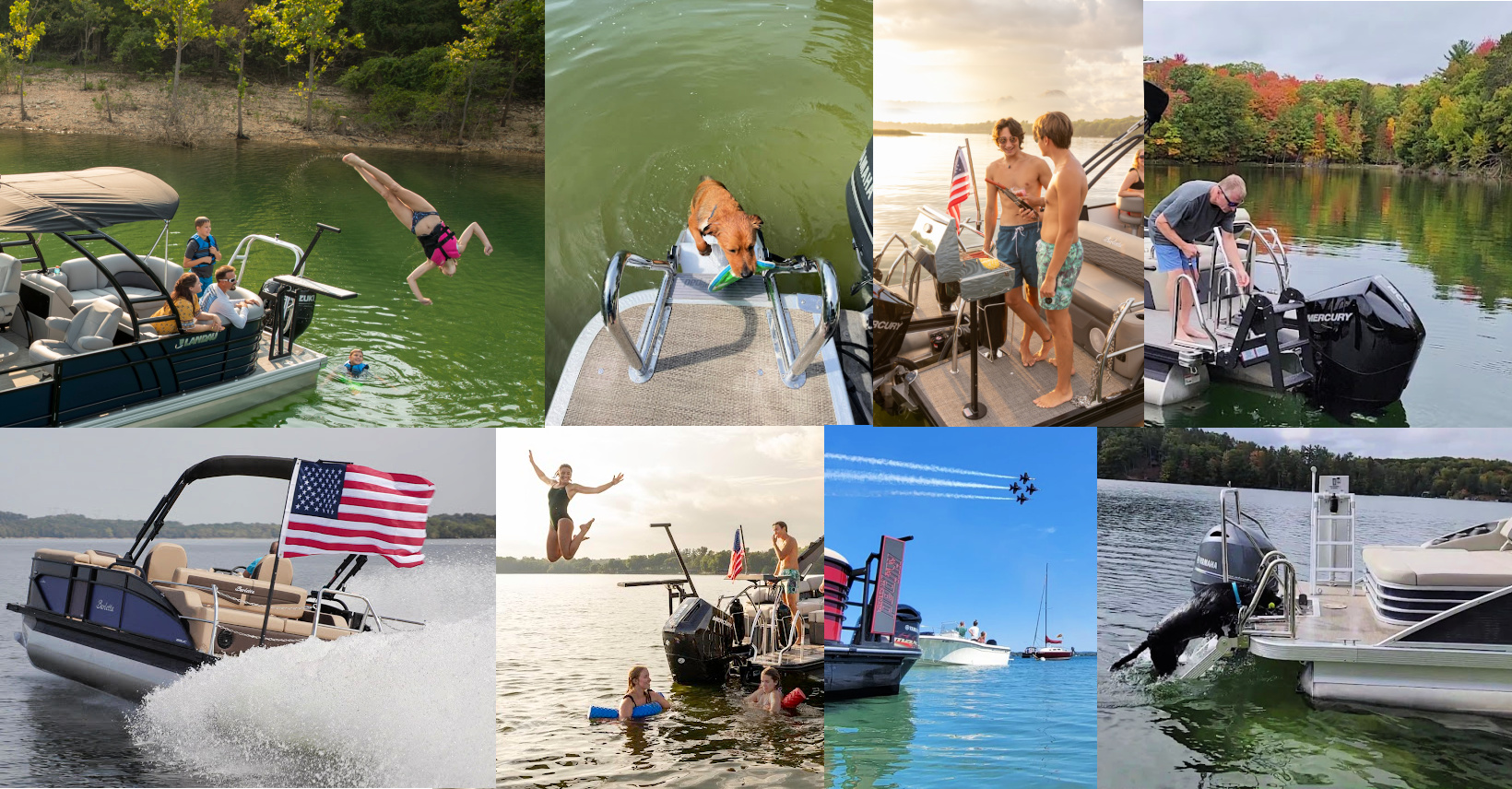 Showcasing LilliPad Marine’s innovative products: a diving board for ultimate fun on the water, the Easy Step Boarding Ladder for effortless pontoon boarding, the Beach Ladder for bow boarding access, the Ghost Mount system facilitating interchangeable accessories like the Flagpole and Grill Mount, and the Marine Funnel for quick and spill-free refueling.