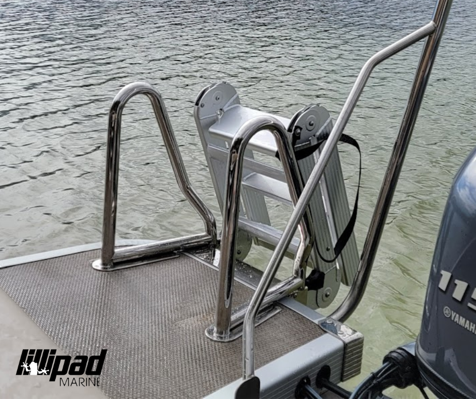 LilliPad Marine Easy Step Boarding Ladder in stowed position highlighting LilliPad's Signature Design of the Compact Nesting Design