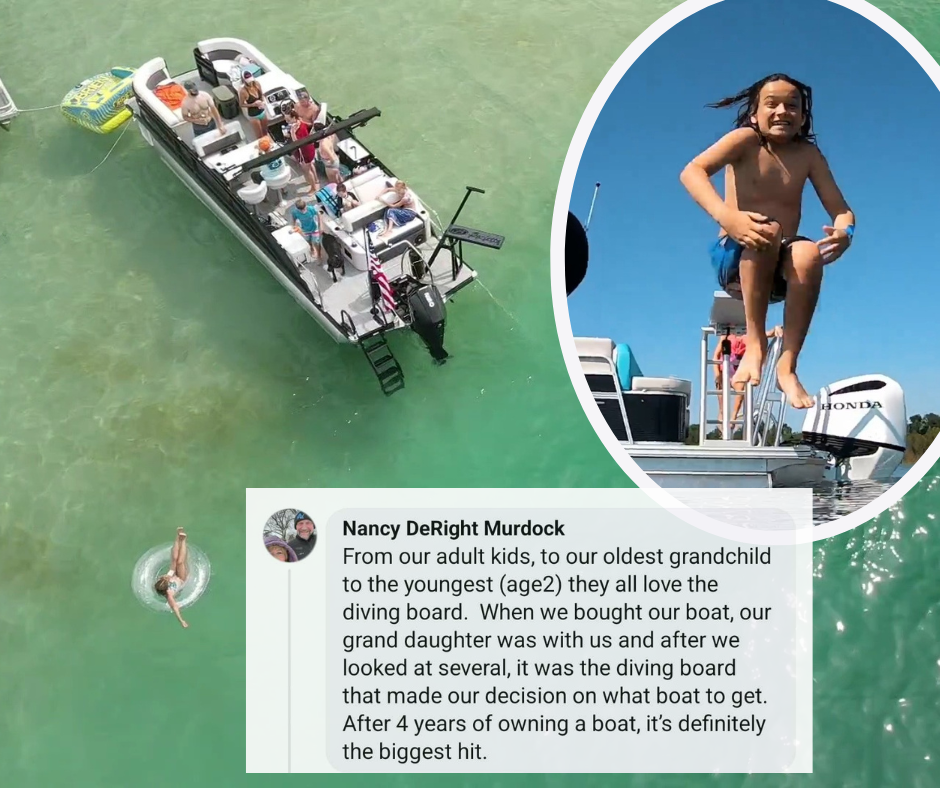 LilliPad Diving Board review with pictures of the Diving Board in action and installed on a pontoon boat