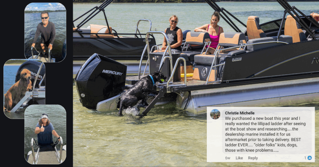 LilliPad Marine's Easy Step Boarding Ladder on pontoon boats featuring dogs and people climbing the ladder.