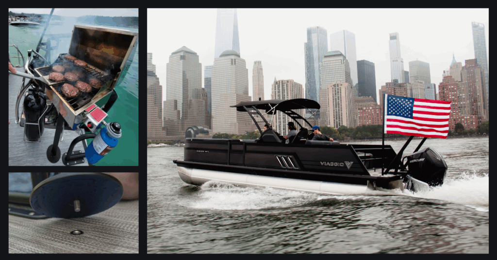 Pontoon boats with the LilliPad Ghost Mount System supporting a LilliPad Flagpole and LilliPad Pedestal Grill Mount.