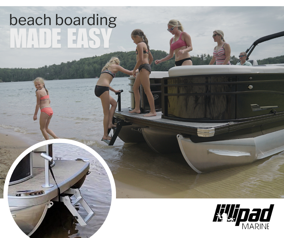 LilliPad Marine Beach Ladder bow-mounted on pontoon boats with children and adults climbing down the ladder.
