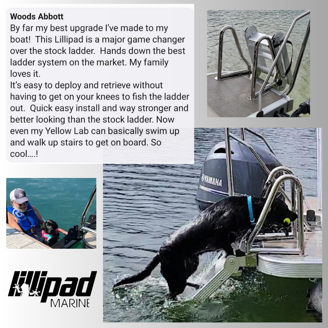 Customer testimonial describing how the Easy Step pontoon boat dog ladder made it easier and safer to get back on the boat.