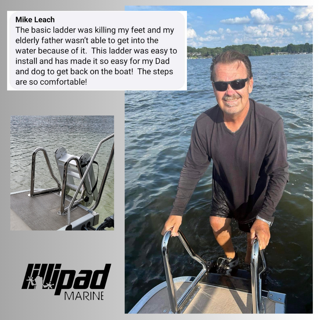 Customer testimonial describing how the Easy Step pontoon boat ladder for elderly boaters made it easier and safer to get back on the boat.
