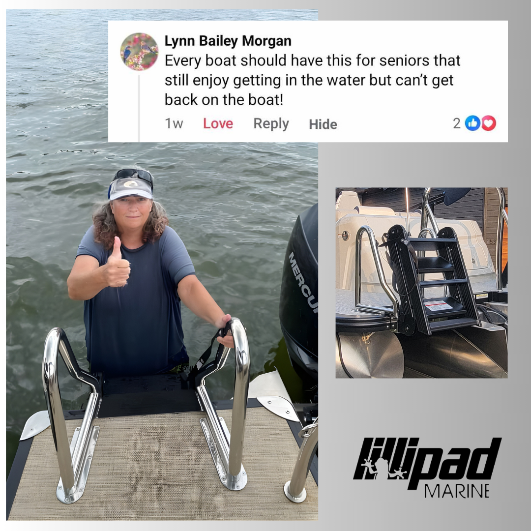 Customer photo and review of the LilliPad Marine Easy Step Boarding Ladder showing a boater giving a thumbs up next to the ladder installed on a pontoon boat, with a testimonial about improved reboarding for seniors.