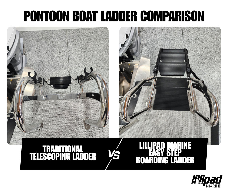 pontoon boat ladder comparison between telescoping ladder and Easy Step boarding ladder
