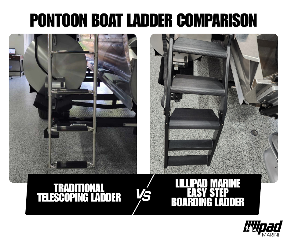 pontoon boat ladder comparison showing telescoping ladder vs LilliPad Marine Easy Step boarding ladder from a straight-on view
