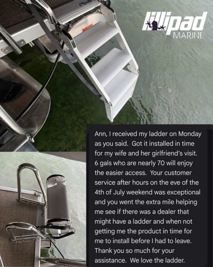 Silver Lillipad Marine Easy Step Boarding Ladder with customer testimonial about installation support, customer service and easier boarding.
